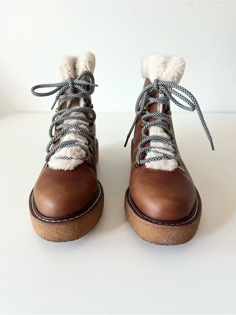 J.Crew Faux Fur Lined Brown Leather Lace Up Nordic Hiking Boots Size 8.5